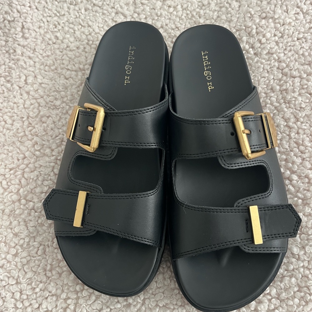 Indigo rd. Black Slides with Gold Logo Sz 7